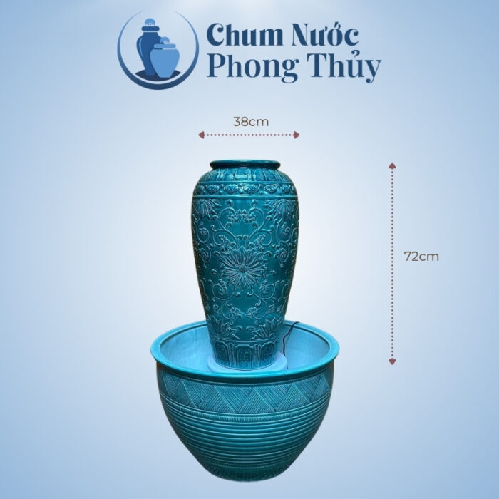 kích thước Bộ Đơn Chum Nước Vẽ Hoa Văn Tân Cổ Điển Xanh Chậu Sen CN-15