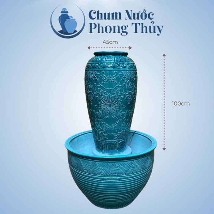 kích thước Bộ Đơn Chum Nước Vẽ Hoa Văn Tân Cổ Điển Xanh Chậu Sen CN-15