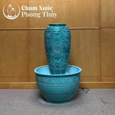chi tiết Bộ Đơn Chum Nước Vẽ Hoa Văn Tân Cổ Điển Xanh Chậu Sen CN-15