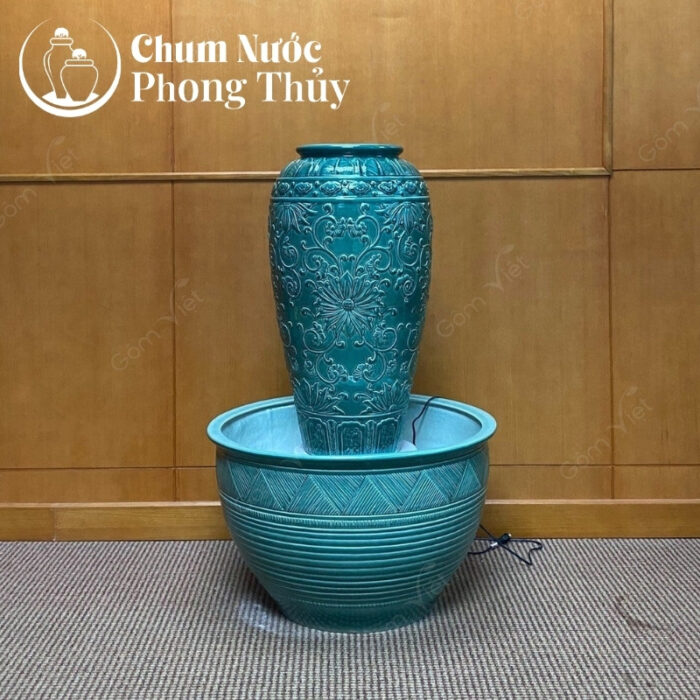 chi tiết Bộ Đơn Chum Nước Vẽ Hoa Văn Tân Cổ Điển Xanh Chậu Sen CN-15