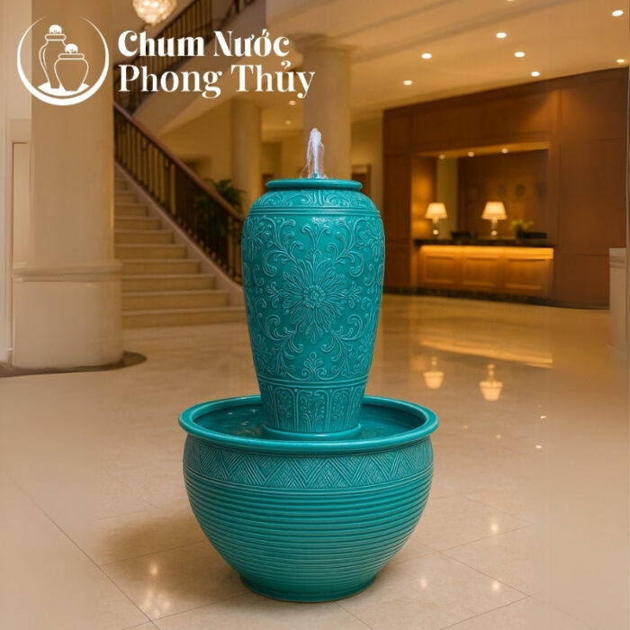 chi tiết Bộ Đơn Chum Nước Vẽ Hoa Văn Tân Cổ Điển Xanh Chậu Sen CN-15