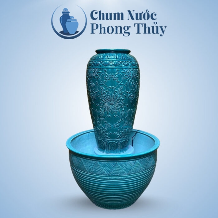 Bộ Đơn Chum Nước Vẽ Hoa Văn Tân Cổ Điển Xanh Chậu Sen CN-15