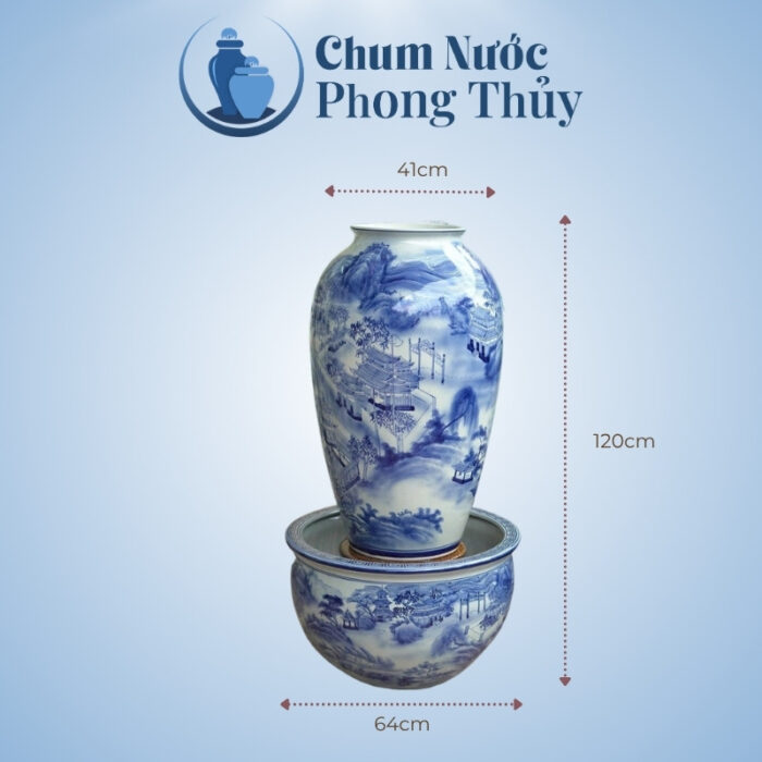 kích thước Bộ Chum Chậu Sen Phong Thủy Men Lam Vẽ Sơn Thủy CN-17