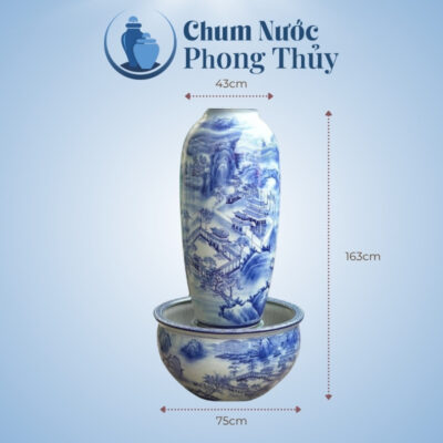 kích thước Bộ Chum Chậu Sen Phong Thủy Men Lam Vẽ Sơn Thủy CN-17