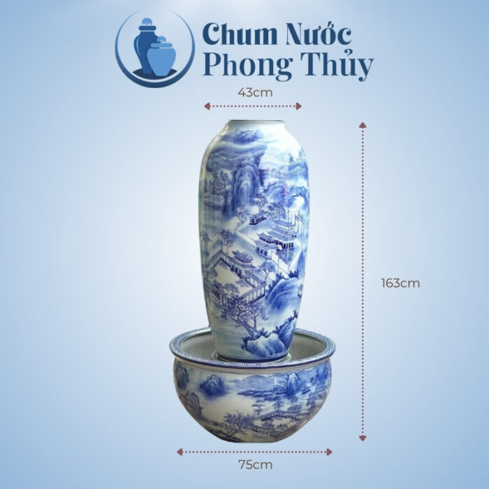 kích thước Bộ Chum Chậu Sen Phong Thủy Men Lam Vẽ Sơn Thủy CN-17