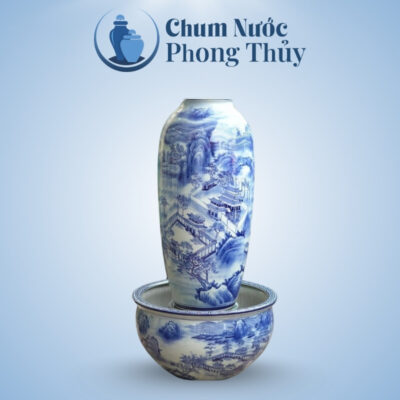 Bộ Chum Chậu Sen Phong Thủy Men Lam Vẽ Sơn Thủy CN-17