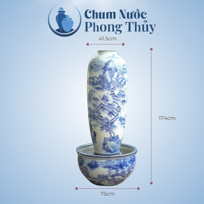 kích thước Bộ Chum Chậu Sen Phong Thủy Men Lam Vẽ Sơn Thủy CN-17