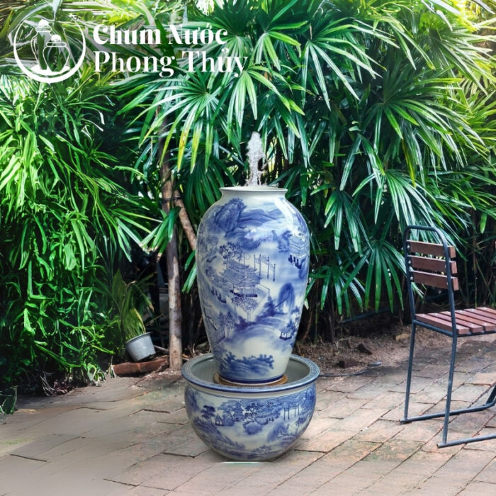 chi tiết Bộ Chum Chậu Sen Phong Thủy Men Lam Vẽ Sơn Thủy CN-17