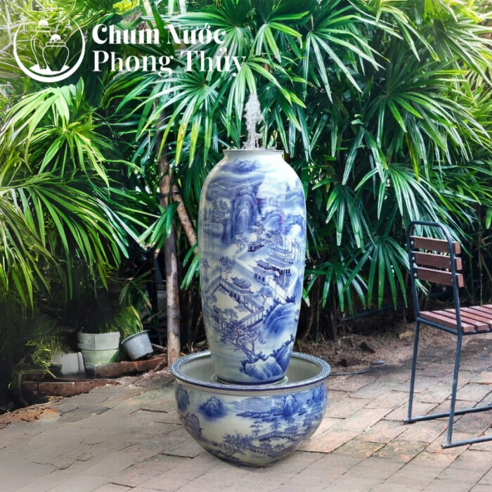 chi tiết Bộ Chum Chậu Sen Phong Thủy Men Lam Vẽ Sơn Thủy CN-17