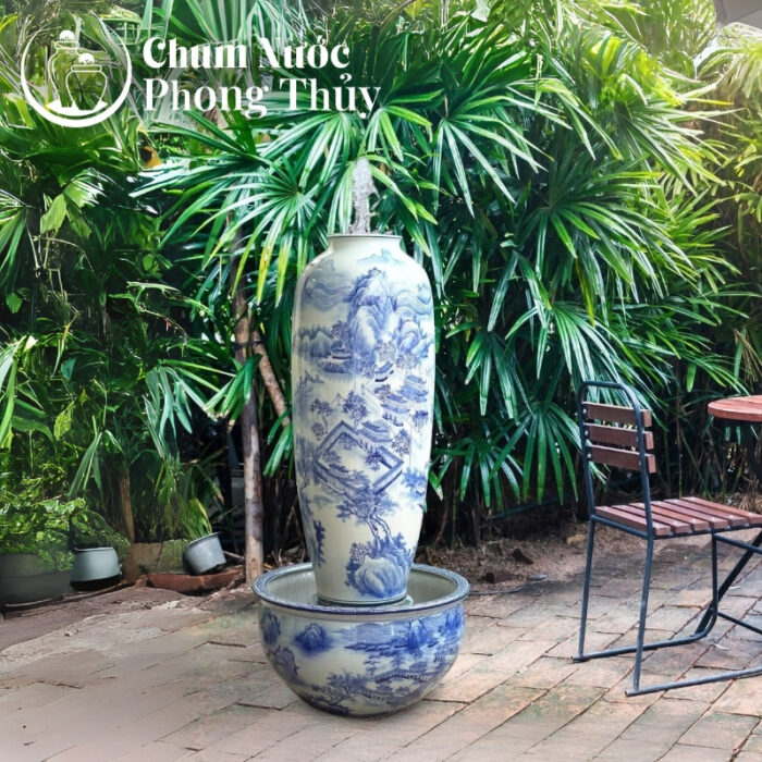 chi tiết Bộ Chum Chậu Sen Phong Thủy Men Lam Vẽ Sơn Thủy CN-17