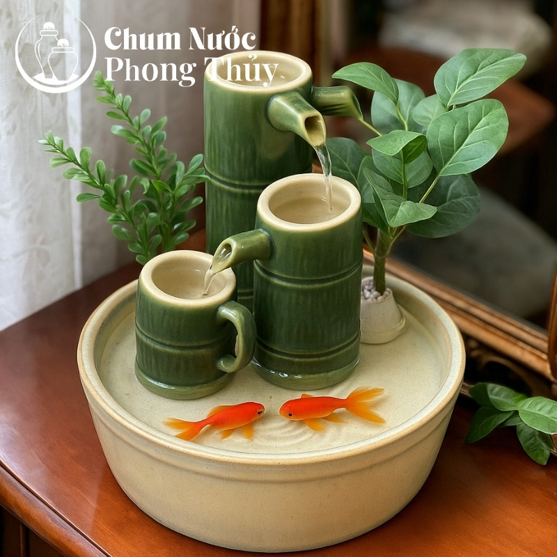 chi tiết Tiểu Cảnh Trúc Mini Thác Nước Phong Thủy Men Hỏa Biến TN-17