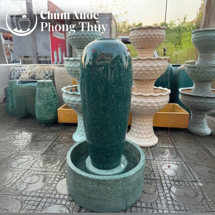chi tiết Bộ Đơn Lu Nước Phong Thủy Men Xanh Ngọc Vân Đá Chậu Tròn CN-13