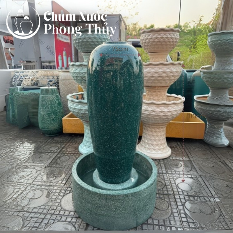 chi tiết Bộ Đơn Lu Nước Phong Thủy Men Xanh Ngọc Vân Đá Chậu Tròn CN-13