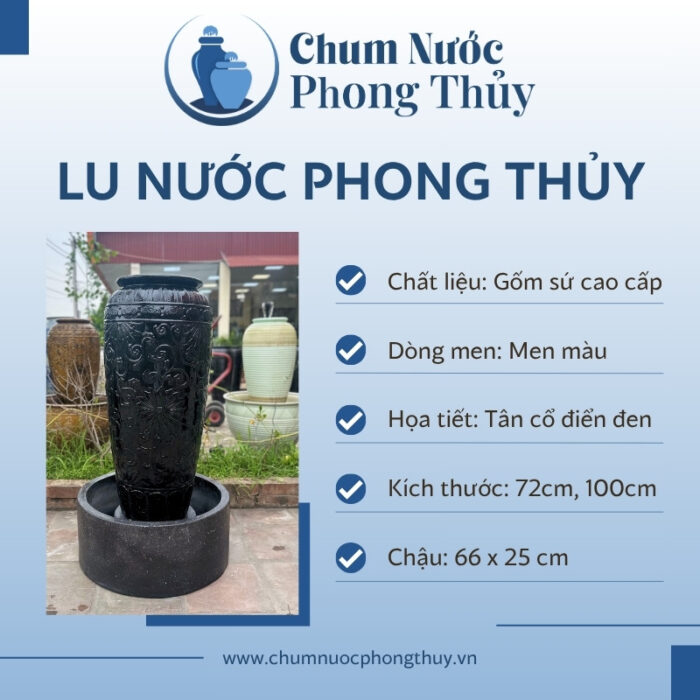 Đặc điểm Bộ Đơn Lu Nước Trang Trí Men Đen Họa Tiết Hoa Phù Dung Tân Cổ Điển Chậu Tròn CN-14