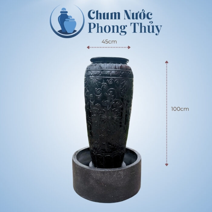 kích thước Bộ Đơn Lu Nước Trang Trí Men Đen Họa Tiết Hoa Phù Dung Tân Cổ Điển Chậu Tròn CN-14