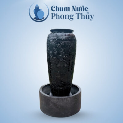 Bộ Đơn Lu Nước Trang Trí Men Đen Họa Tiết Hoa Phù Dung Tân Cổ Điển Chậu Tròn CN-14