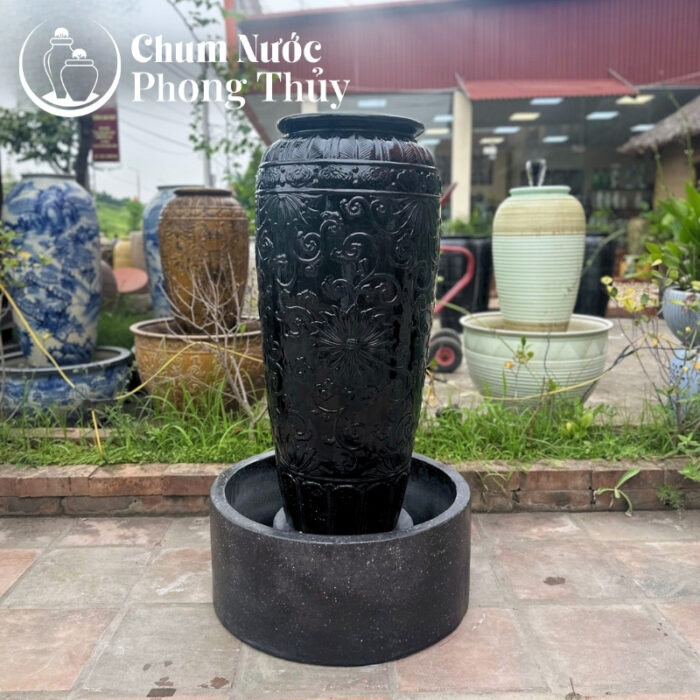 chi tiết Bộ Đơn Lu Nước Trang Trí Men Đen Họa Tiết Hoa Phù Dung Tân Cổ Điển Chậu Tròn CN-14