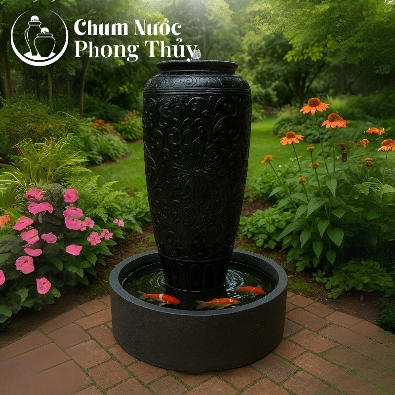 chi tiết Bộ Đơn Lu Nước Trang Trí Men Đen Họa Tiết Hoa Phù Dung Tân Cổ Điển Chậu Tròn CN-14