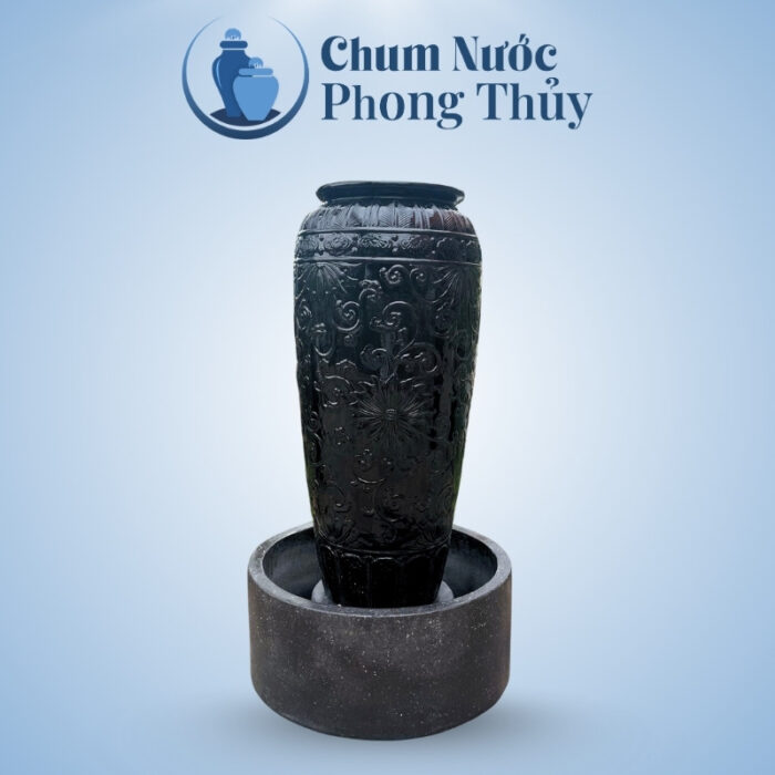 Bộ Đơn Lu Nước Trang Trí Men Đen Họa Tiết Hoa Phù Dung Tân Cổ Điển Chậu Tròn CN-14