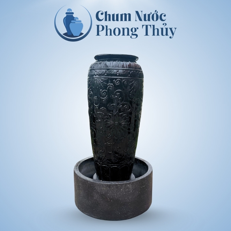 Bộ Đơn Lu Nước Trang Trí Men Đen Họa Tiết Hoa Phù Dung Tân Cổ Điển Chậu Tròn CN-14