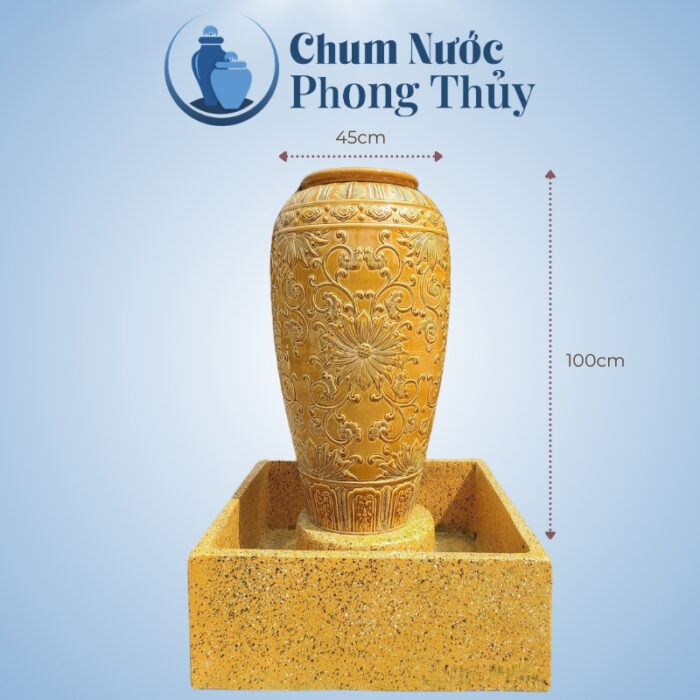 kích thước Bộ Đơn Lu Nước Gốm Sứ Men Vàng Khắc Nổi Hoa Tân Cổ Điển Chậu Vuông CN-08