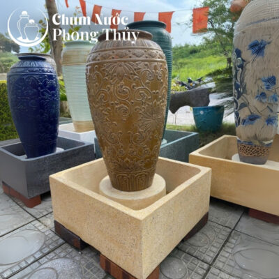 chi tiết Bộ Đơn Lu Nước Gốm Sứ Men Vàng Khắc Nổi Hoa Tân Cổ Điển Chậu Vuông CN-08