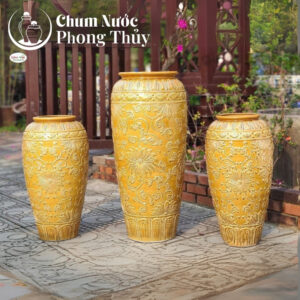 chi tiết Bộ Đơn Lu Nước Gốm Sứ Men Vàng Khắc Nổi Hoa Tân Cổ Điển Chậu Vuông CN-08