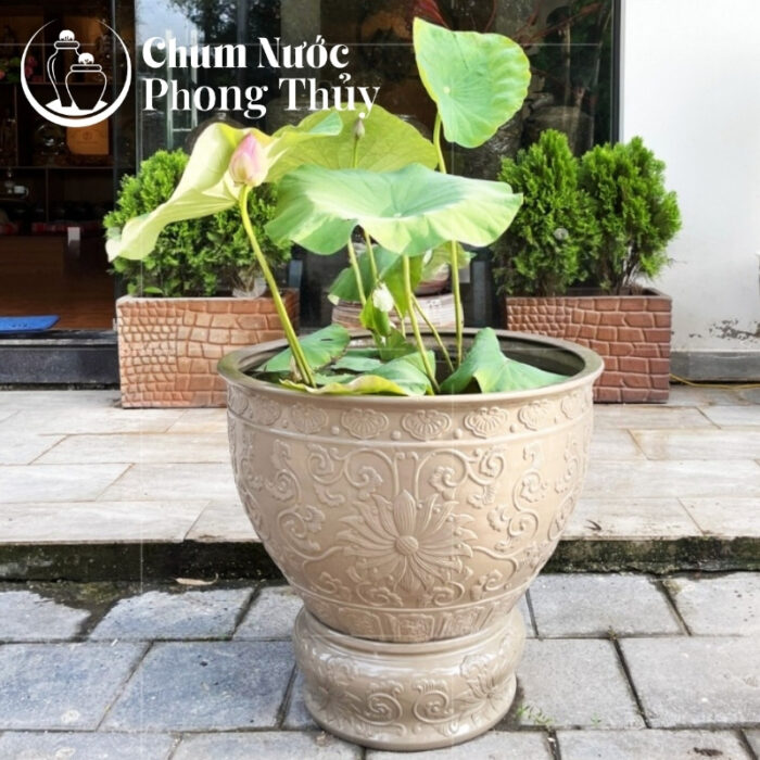 chi tiết Chậu Trồng Sen Gốm Sứ Men Màu Ghi Đậm Họa Tiết Hoa Văn CS-04