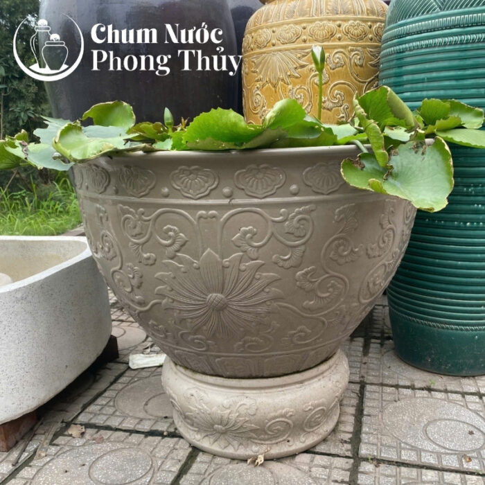 chi tiết Chậu Trồng Sen Gốm Sứ Men Màu Ghi Đậm Họa Tiết Hoa Văn CS-04
