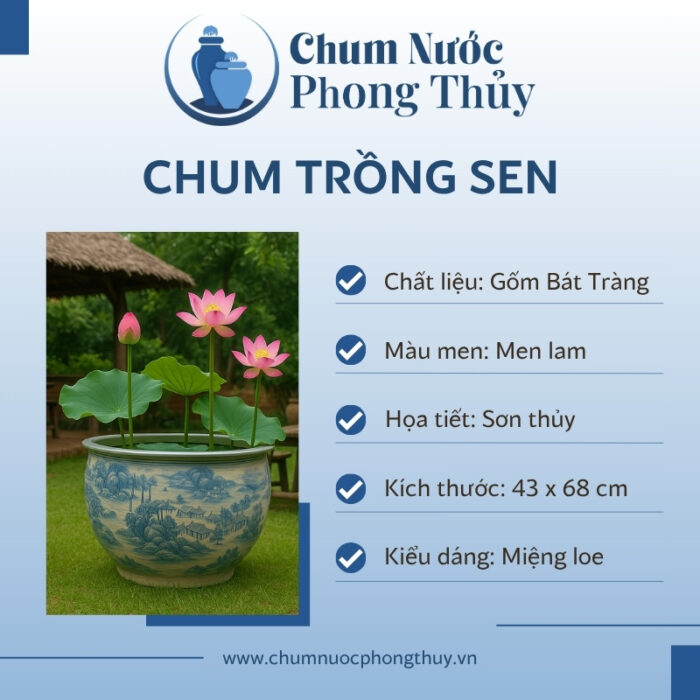 đặc điểm Chậu Trồng Sen Phong Thủy Họa Tiết Sơn Thủy Men Lam CS-09