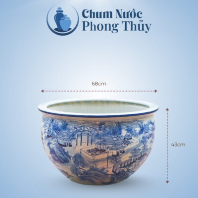kích thước Chậu Trồng Sen Phong Thủy Họa Tiết Sơn Thủy Men Lam CS-09