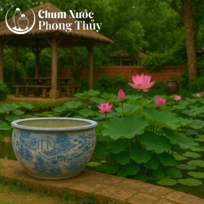 chi tiết Chậu Trồng Sen Phong Thủy Họa Tiết Sơn Thủy Men Lam CS-09
