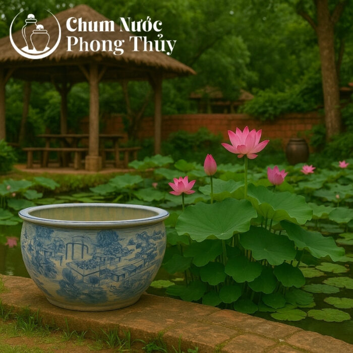 chi tiết Chậu Trồng Sen Phong Thủy Họa Tiết Sơn Thủy Men Lam CS-09