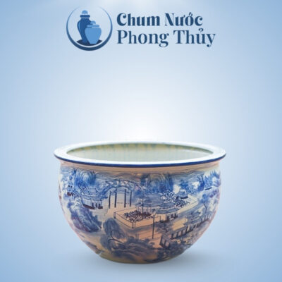 Chậu Trồng Sen Phong Thủy Họa Tiết Sơn Thủy Men Lam CS-09