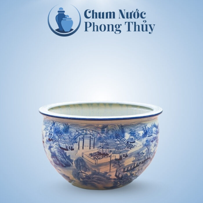 Chậu Trồng Sen Phong Thủy Họa Tiết Sơn Thủy Men Lam CS-09