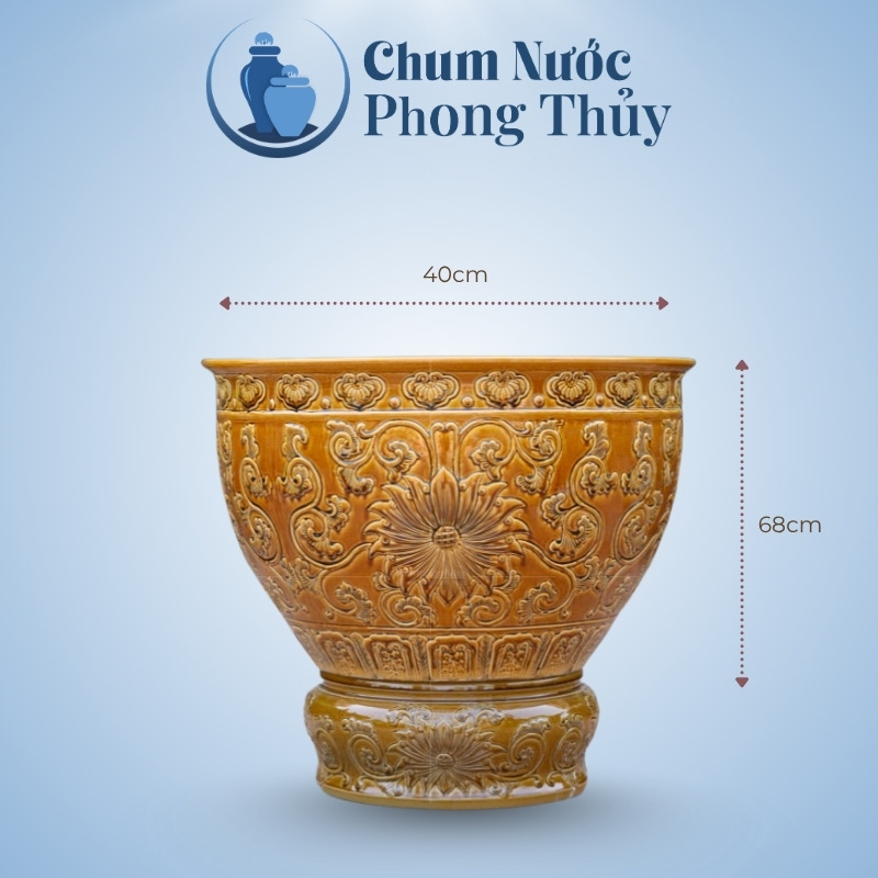 kích thước Chum Trồng Sen Gốm Sứ Hoa Văn Cổ Men Vàng Đậm CS-02