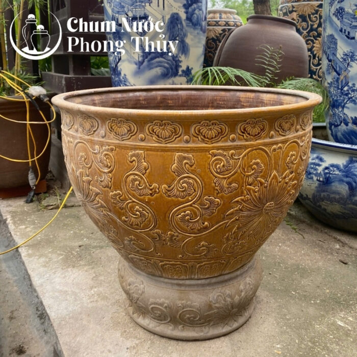 chi tiết Chum Trồng Sen Gốm Sứ Hoa Văn Cổ Men Vàng Đậm CS-02