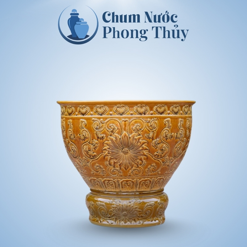 Chum Trồng Sen Gốm Sứ Hoa Văn Cổ Men Vàng Đậm CS-02