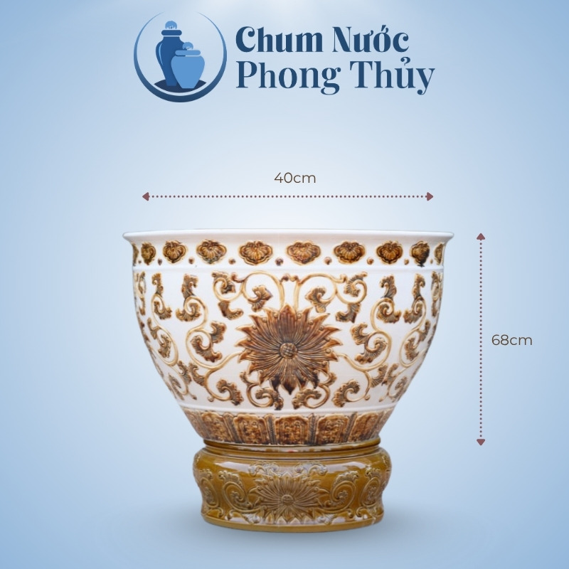 kích thước Chum Trồng Sen Miệng Loe Men Trắng Khắc Nổi Hoa Văn Vàng Đồng CS-03