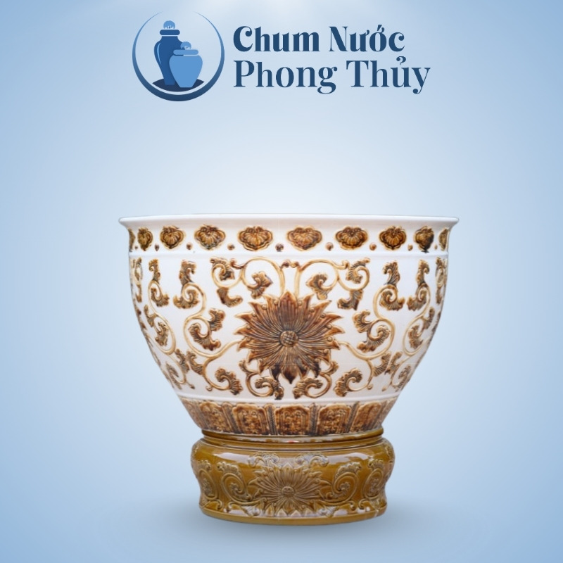 Chum Trồng Sen Miệng Loe Men Trắng Khắc Nổi Hoa Văn Vàng Đồng CS-03