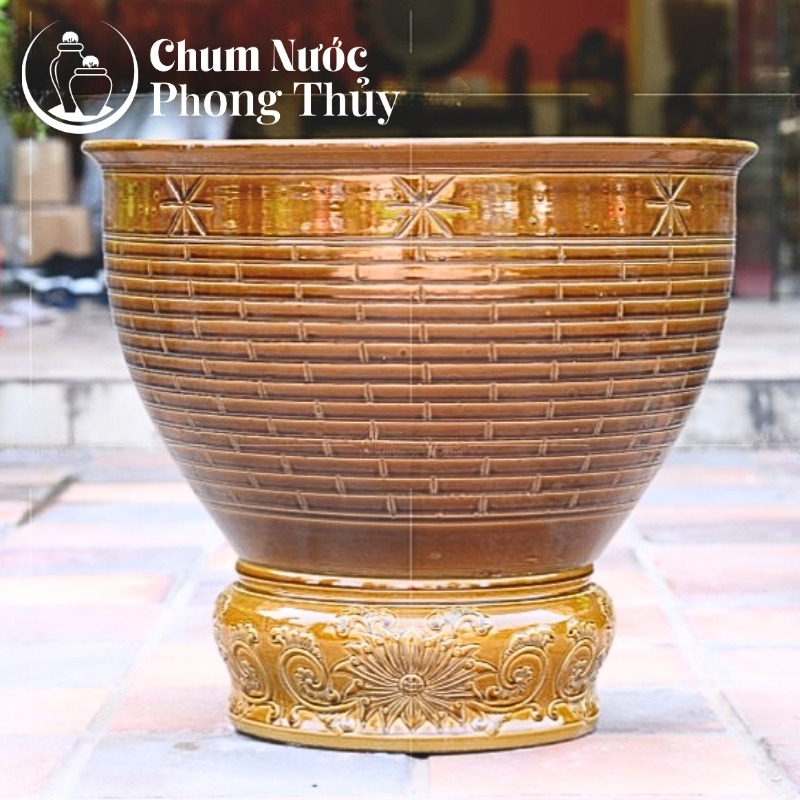 chi tiết Chum Sứ Trồng Sen Men Vàng Đậm Khắc Sao Nổi CS-07