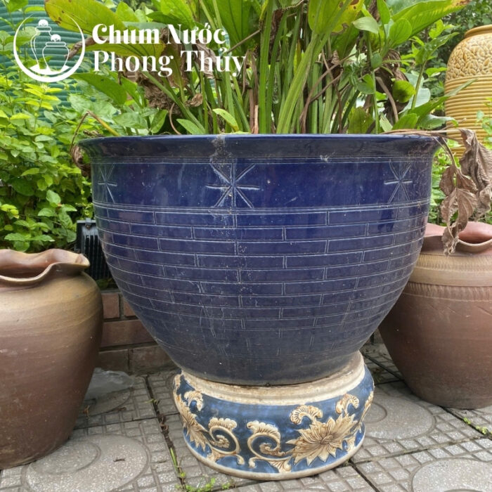 chi tiết Chậu Trồng Sen Gốm Sứ Men Xanh Coban Khắc Sao CS-06