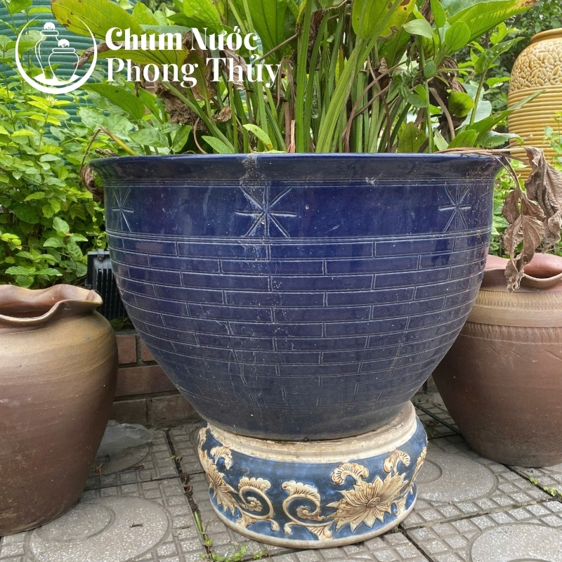 chi tiết Chậu Trồng Sen Gốm Sứ Men Xanh Coban Khắc Sao CS-06