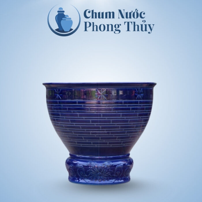 Chậu Trồng Sen Gốm Sứ Men Xanh Coban Khắc Sao CS-06
