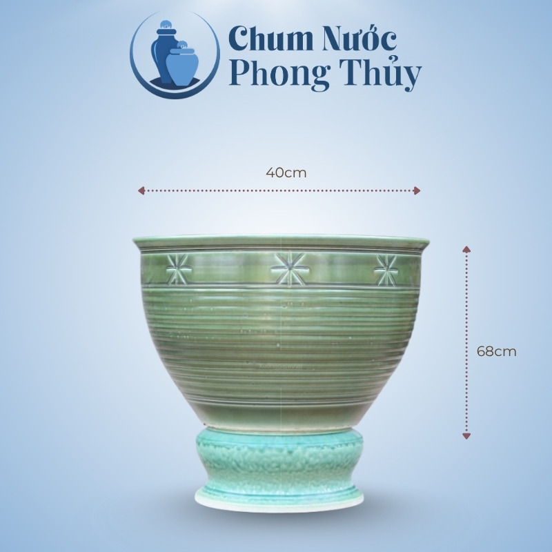 kích thước Chum Trồng Sen, Súng Miệng Loe Men Xanh Ngọc Khắc Sao CS-05