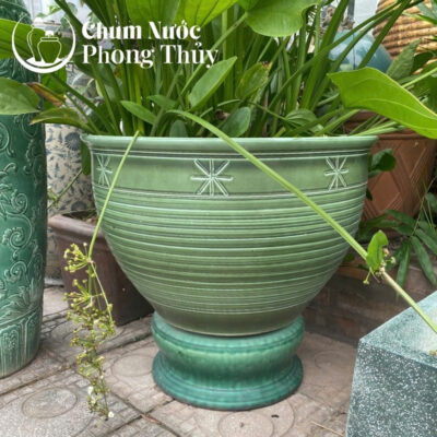 chi tiết Chum Trồng Sen, Súng Miệng Loe Men Xanh Ngọc Khắc Sao CS-05