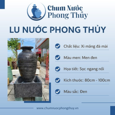 đặc điểm Bộ Đơn Chum Nước Phong Thủy Đá Mài Đen Sọc Ngang Chậu Vuông CN-11