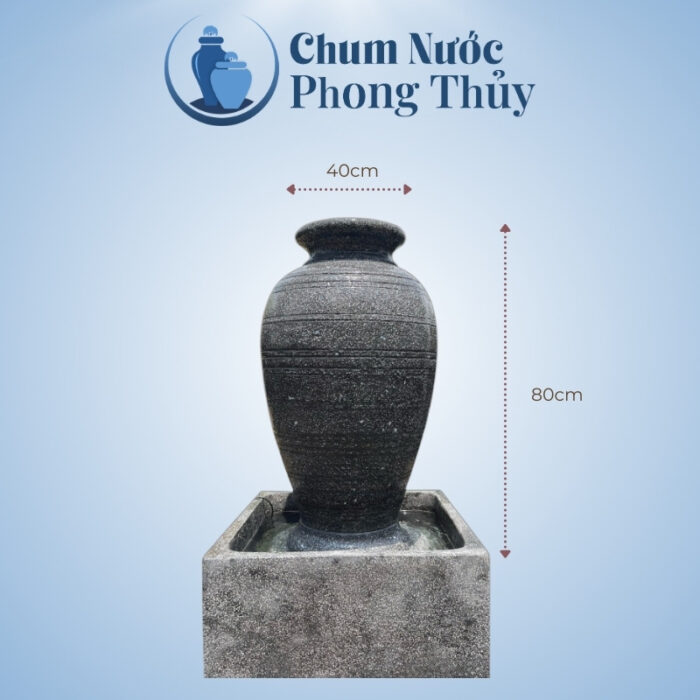 kích thước Bộ Đơn Chum Nước Phong Thủy Đá Mài Đen Sọc Ngang Chậu Vuông CN-11