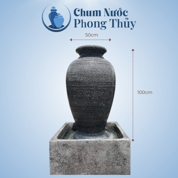kích thước Bộ Đơn Chum Nước Phong Thủy Đá Mài Đen Sọc Ngang Chậu Vuông CN-11