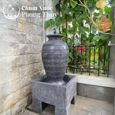 chi tiết Bộ Đơn Chum Nước Phong Thủy Đá Mài Đen Sọc Ngang Chậu Vuông CN-11